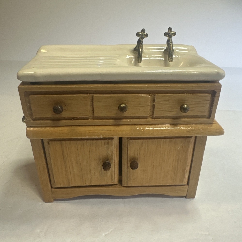 Vintage Dollhouse Miniature Doll Furniture Porcelain Sink with Wood Cabinet 4x2"
